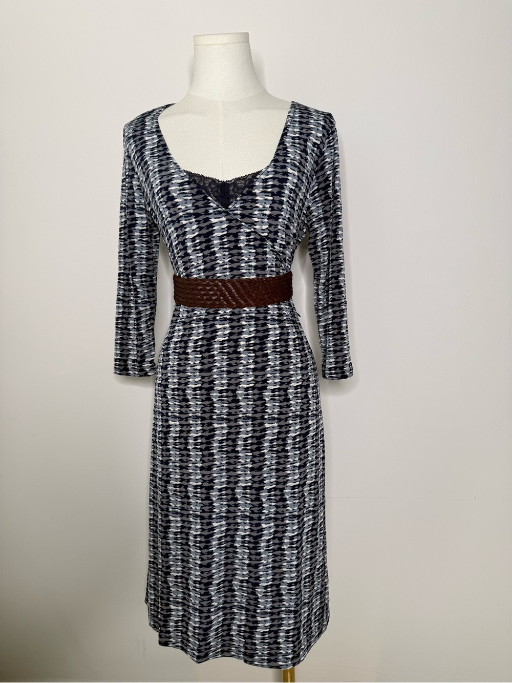 attention Black & White Pattern Long Sleeve Dress with Brown Belt